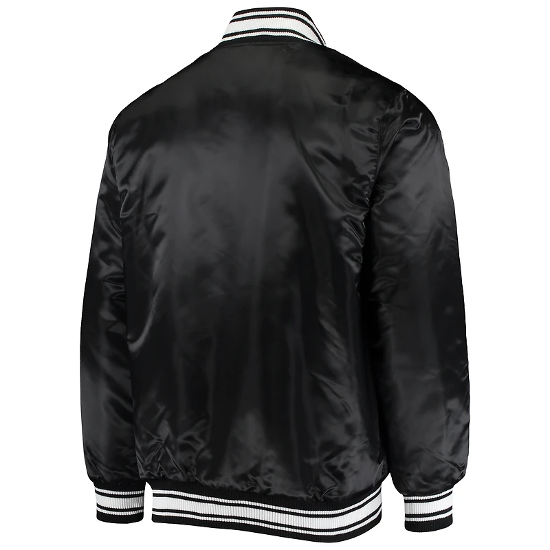 Veste universitaire en satin noir Starter Minnesota Vikings Locker Room pour homme, fermeture à boutons-pression.