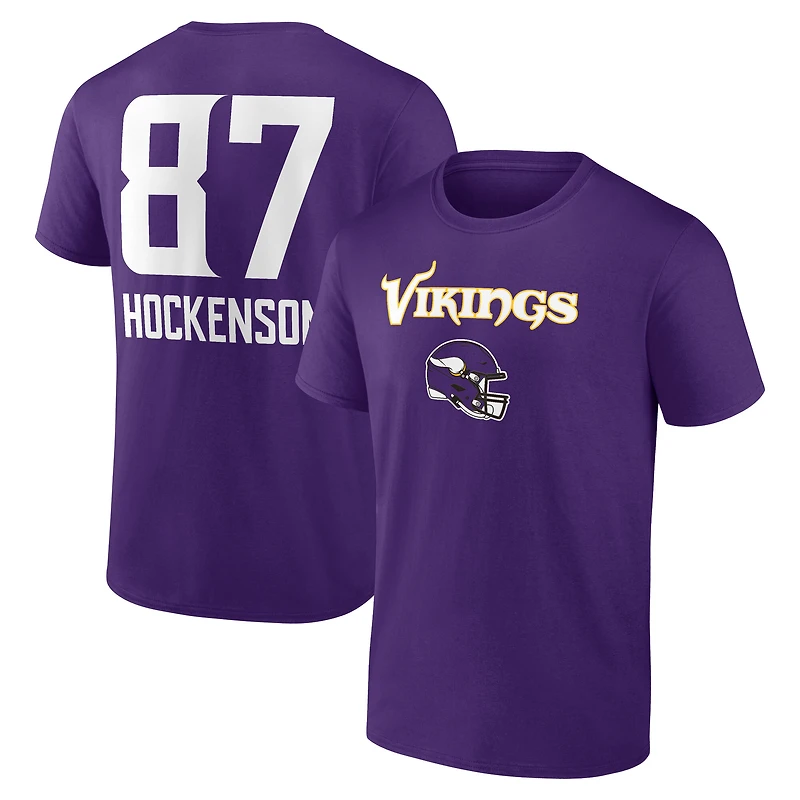 T-shirt violet pour homme T.J. Hockenson avec nom et numéro de l'équipe des Vikings du Minnesota