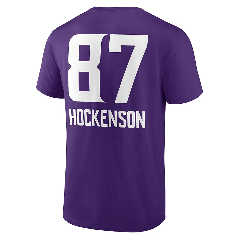 T-shirt violet pour homme T.J. Hockenson avec nom et numéro de l'équipe des Vikings du Minnesota