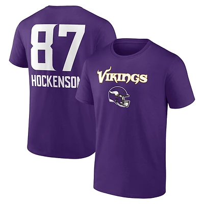 T-shirt violet pour homme T.J. Hockenson avec nom et numéro de l'équipe des Vikings du Minnesota