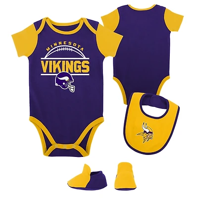 Newborn & Infant Purple/Gold Minnesota Vikings Home Field Advantage Three-Piece Bodysuit, Bib Booties Set