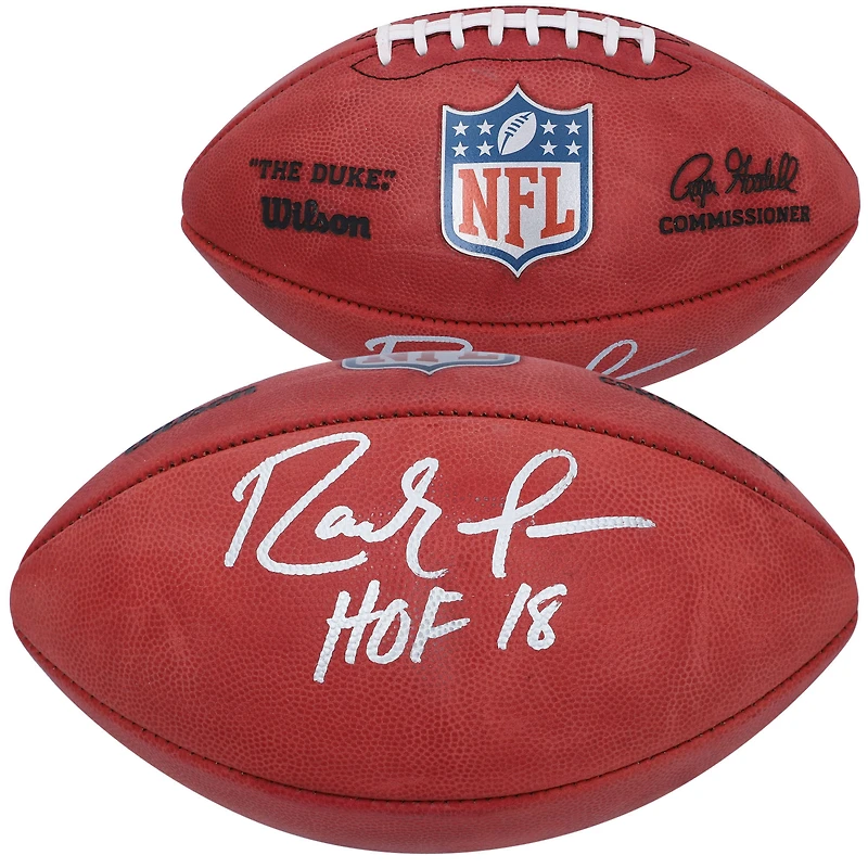 Ballon de football américain professionnel Duke, en couleur, autographié par Randy Moss (Minnesota Vikings), avec inscription « HOF 18 ».