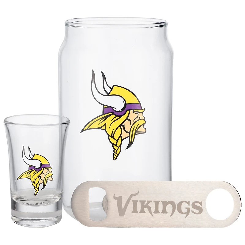 Ensemble de trois verres à bière, 2 oz, verres à liqueur et décapsuleur des Vikings du Minnesota de The Memory Company