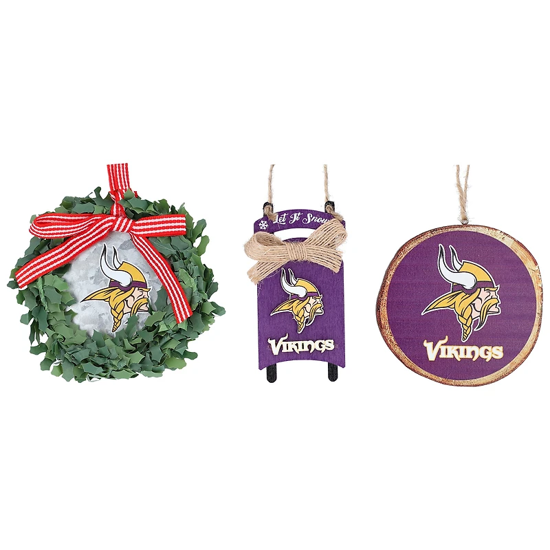 The Memory Company Minnesota Vikings Lot de trois couronnes, traîneaux et décorations circulaires
