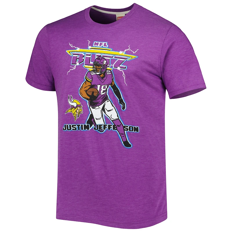 T-shirt unisexe hommage Justin Jefferson chiné violet Minnesota Vikings NFL Blitz Player Tri-Blend