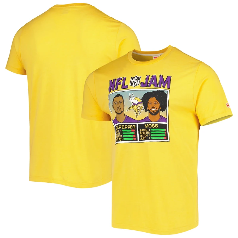 T-shirt unisexe hommage à Randy Moss et Daunte Culpepper, couleur or chiné, Minnesota Vikings, NFL Jam, modèle retiré, en mélange de trois matières.