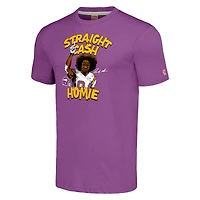 T-shirt unisexe violet chiné hommage à Randy Moss, joueur retraité des Vikings du Minnesota, caricature, tri-blend