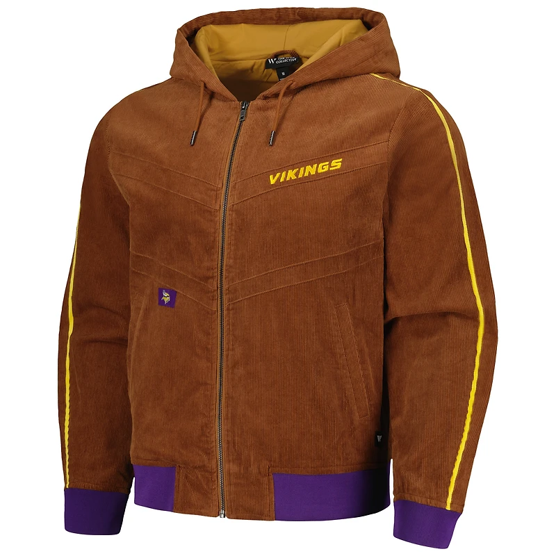 Veste à capuche bomber fermeture éclair intégrale en velours côtelé unisexe The Wild Collective Minnesota Vikings marron