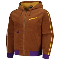 Veste à capuche bomber fermeture éclair intégrale en velours côtelé unisexe The Wild Collective Minnesota Vikings marron