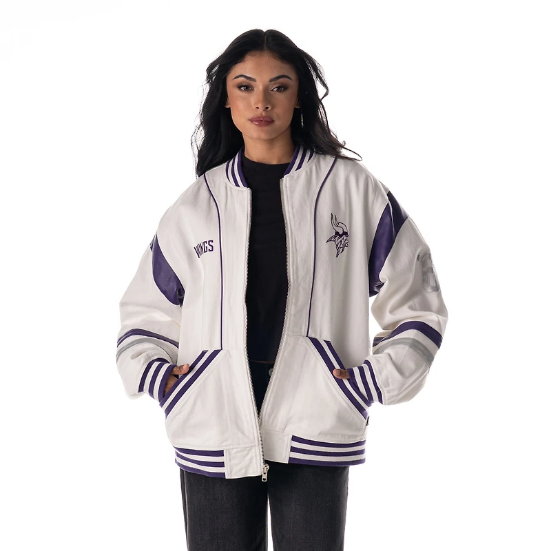 Veste rétro surdimensionnée blanche unisexe The Wild Collective des Vikings du Minnesota, entièrement zippée