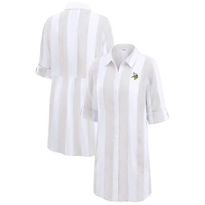 Women's Tommy Bahama Khaki/White Minnesota Vikings Rugby Beach Stripe Button-Up Tunic