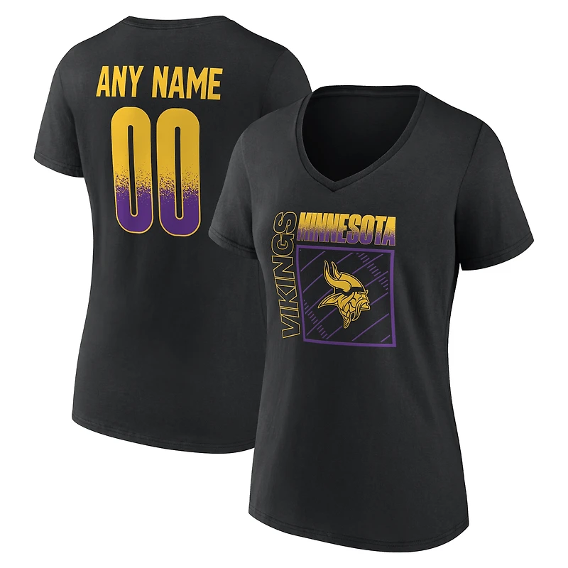 T-shirt à col en V personnalisé avec nom et numéro, style Minnesota Vikings, pour femme, noir, domicile
