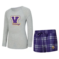 Women's Concepts Sport  Heather Gray/Purple Minnesota Vikings Regulate Plaid Long-Sleeve T-Shirt & Shorts Sleep Set