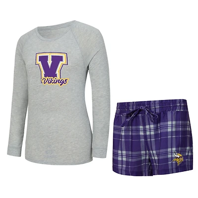 Women's Concepts Sport  Heather Gray/Purple Minnesota Vikings Regulate Plaid Long-Sleeve T-Shirt & Shorts Sleep Set