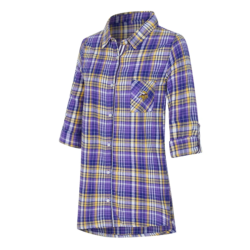 Chemise de nuit à carreaux tri-mélange violet Concepts Sport pour femme, motif Vikings du Minnesota Laney, boutons.
