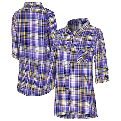 Women's Concepts Sport Purple Minnesota Vikings Laney Plaid Tri-Blend Full-Button Nightshirt