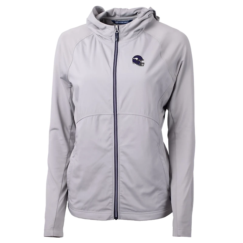 Sweat à capuche hybride recyclé entièrement zippé en tricot écologique Adapt pour femme, gris chiné, avec logo du casque des Vikings Minnesota, Cutter & Buck