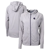 Sweat à capuche hybride recyclé entièrement zippé en tricot écologique Adapt pour femme, gris chiné, avec logo du casque des Vikings Minnesota, Cutter & Buck