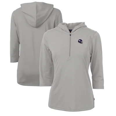 Women's Cutter & Buck  Heather Gray Minnesota Vikings Helmet Logo DryTec Virtue Eco Pique Recycled 3/4-Sleeve Half-Zip Pullover Hoodie