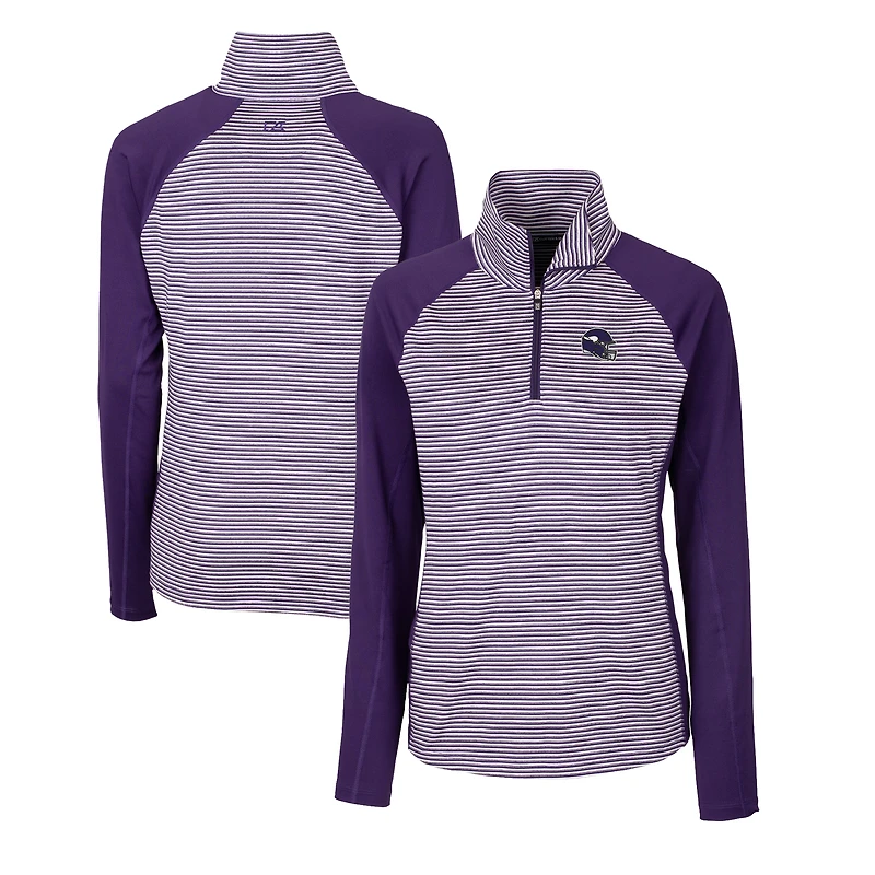 Haut demi-zippé extensible à rayures ton sur DryTec Forge pour femme, violet, avec logo du casque des Vikings Minnesota, Cutter & Buck