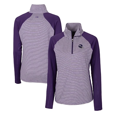 Haut demi-zippé extensible à rayures ton sur DryTec Forge pour femme, violet, avec logo du casque des Vikings Minnesota, Cutter & Buck