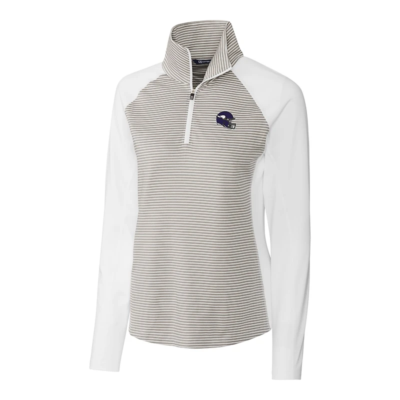 Haut demi-zippé extensible à rayures ton sur DryTec Forge pour femme, blanc, avec logo du casque des Vikings Minnesota, Cutter & Buck