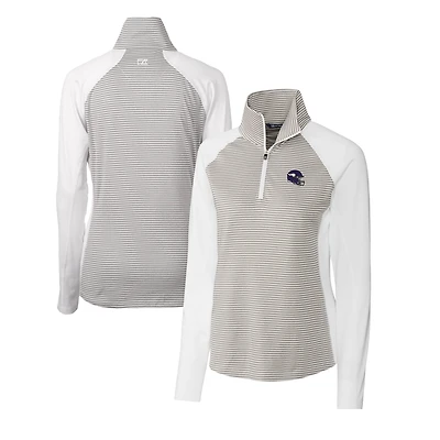 Haut demi-zippé extensible à rayures ton sur DryTec Forge pour femme, blanc, avec logo du casque des Vikings Minnesota, Cutter & Buck