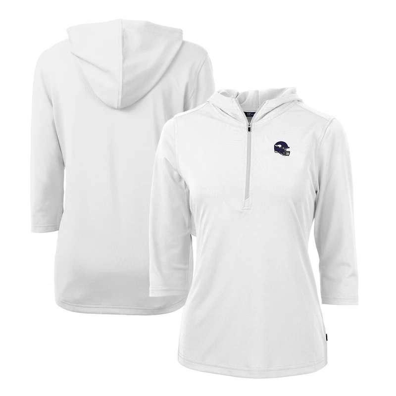 Sweat à capuche demi-zippé recyclé DryTec Virtue Eco Pique pour femme, blanc, avec logo du casque des Vikings Minnesota, Cutter & Buck