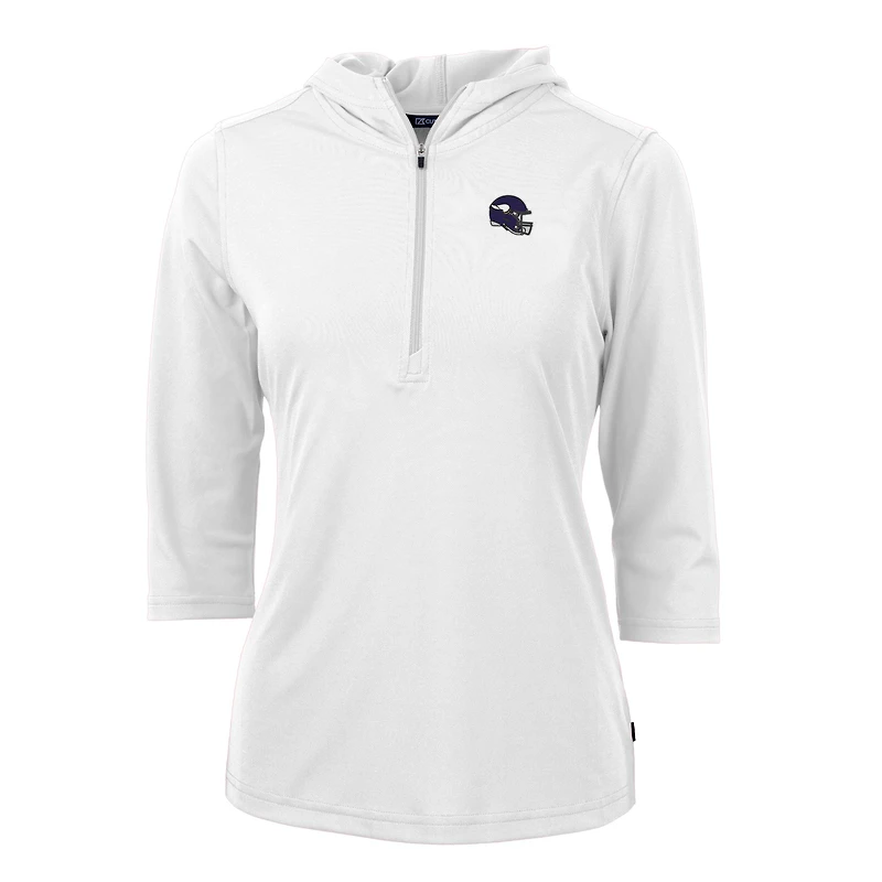 Sweat à capuche demi-zippé recyclé DryTec Virtue Eco Pique pour femme, blanc, avec logo du casque des Vikings Minnesota, Cutter & Buck