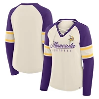 Women's Fanatics Cream/Purple Minnesota Vikings Hometown Gridiron Hero Raglan Lace-Up V-Neck Long Sleeve T-Shirt