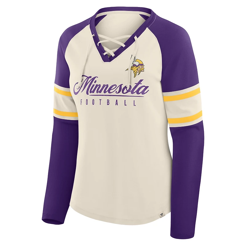 T-shirt à manches longues et col en V lacets pour femme, motif raglan, Hometown Gridiron Hero, couleur crème/violet, des Vikings du Minnesota