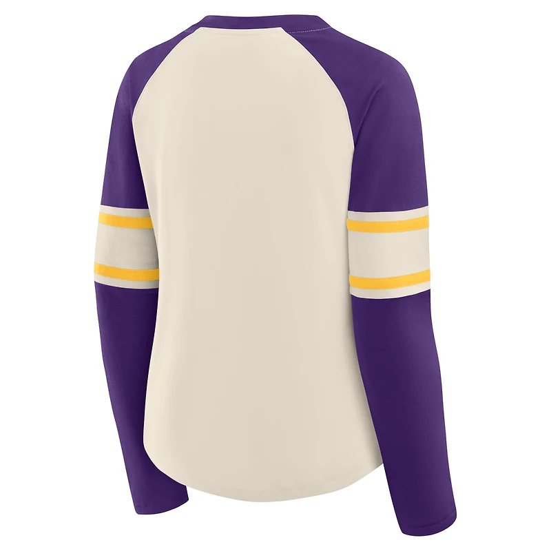 Women's Fanatics Cream/Purple Minnesota Vikings Hometown Gridiron Hero Raglan Lace-Up V-Neck Long Sleeve T-Shirt