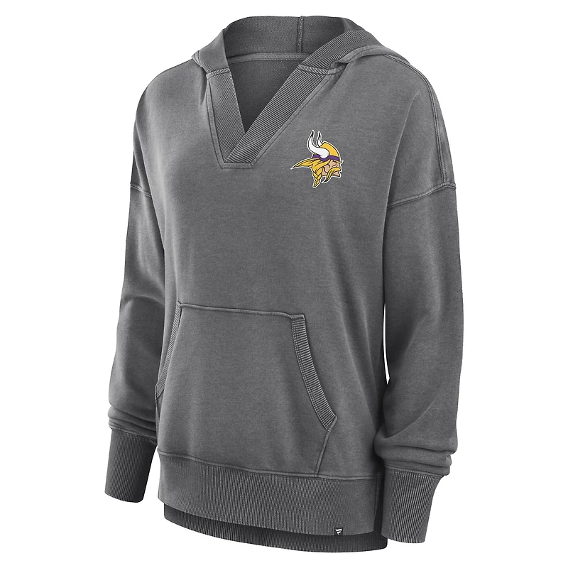 Sweat à capuche col en V molleton français délavé pour femme Fanatics Heather Charcoal Minnesota Vikings Initiative Snow Wash
