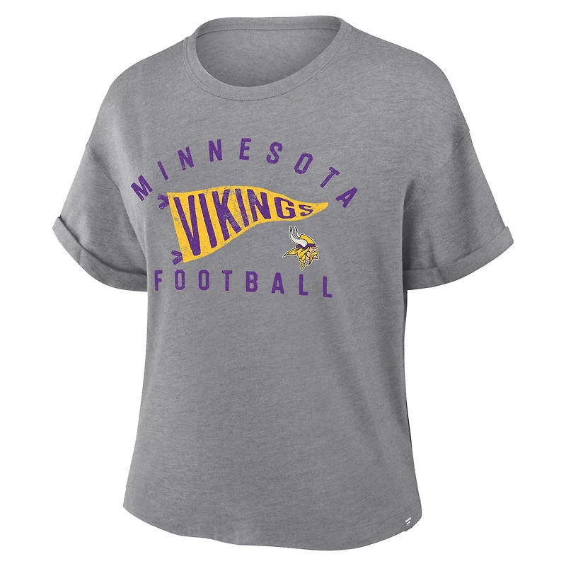 Women's Fanatics Heather Gray Minnesota Vikings Pennant Wave Tribute Tri-Blend Boxy T-Shirt