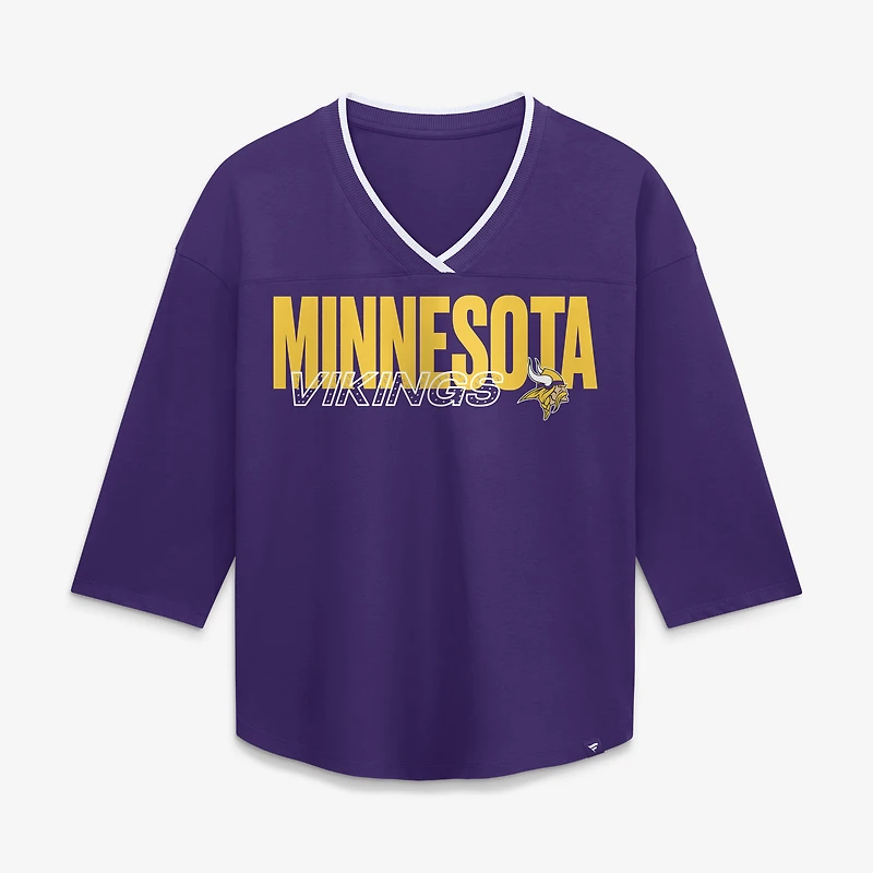 T-shirt à manches 3/4 et col en V Fanatics violet Minnesota Vikings Team First Deceptive Juke pour femmes
