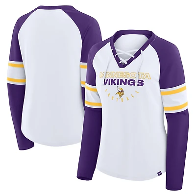 T-shirt à manches longues et col en V lacets pour femme Fanatics, blanc/violet, Minnesota Vikings Redzone Blitz Package