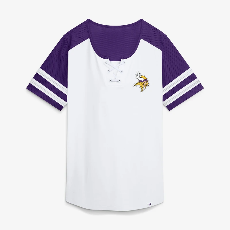 T-shirt à lacets Fanatics blanc/violet Minnesota Vikings Touchdown Pass Athena pour femmes