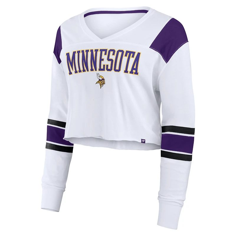 T-shirt à manches longues extensible et court pour femme Fanatics des Minnesota Vikings blanc