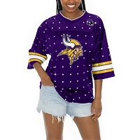 Women's Gameday Couture Purple Minnesota Vikings Kickoff Time Allover Rhinestone Sports Stripe Jersey V-Neck T-Shirt