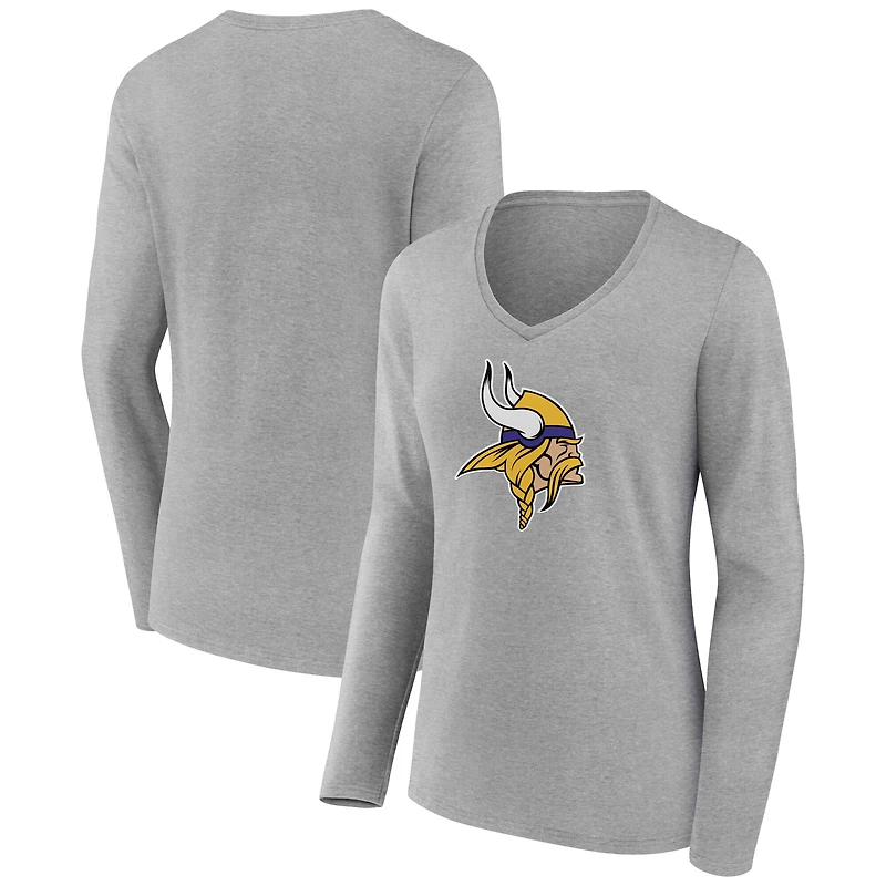 Women's Gray Minnesota Vikings Primary Logo Long Sleeve V-Neck T-Shirt