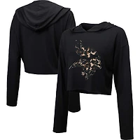 Women's Majestic Threads Black Minnesota Vikings Leopard Cropped Pullover Hoodie