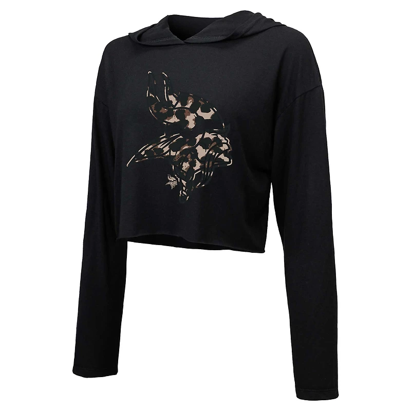 Majestic Threads pour femmes Justin Jefferson Noir Minnesota Vikings Léopard Nom et numéro du joueur Sweat à capuche court manches longues