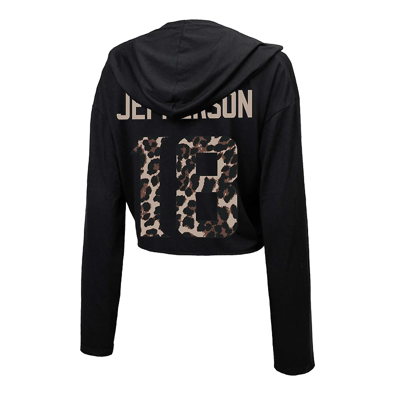 Majestic Threads pour femmes Justin Jefferson Noir Minnesota Vikings Léopard Nom et numéro du joueur Sweat à capuche court manches longues
