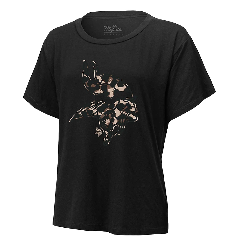 T-shirt Majestic Threads pour femmes Justin Jefferson, noir, Minnesota Vikings, léopard, nom et numéro du joueur