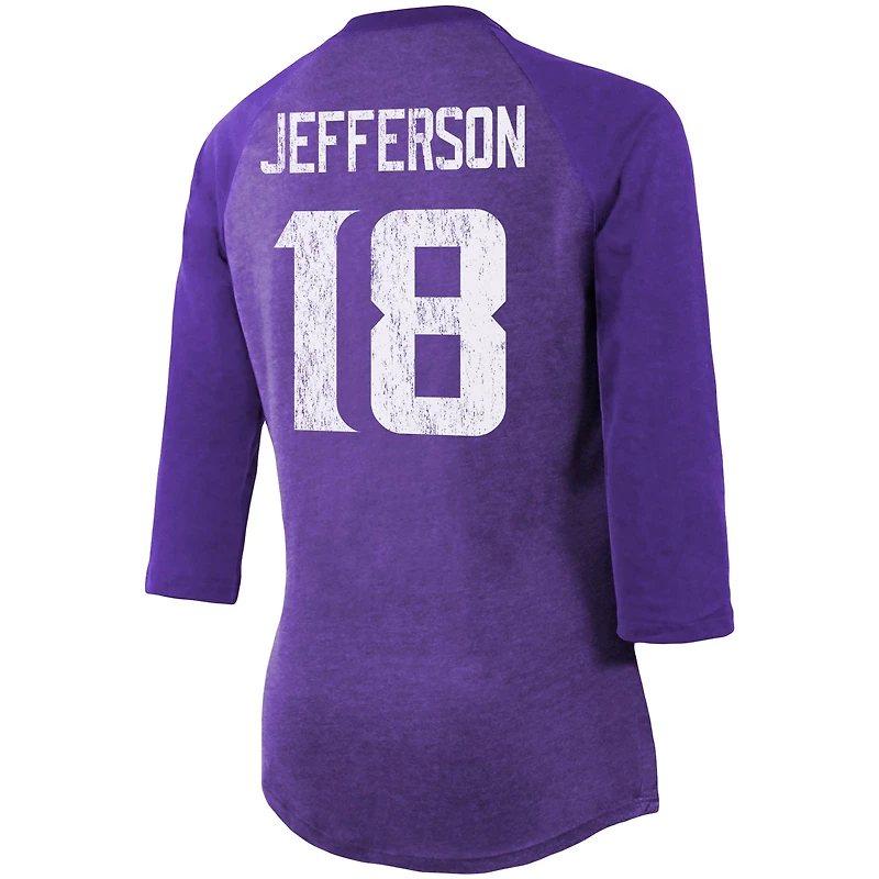 Majestic Threads Justin Jefferson Purple Minnesota Vikings Nom et numéro du joueur Tri-Blend T-shirt ajusté à manches 3/4 pour femmes