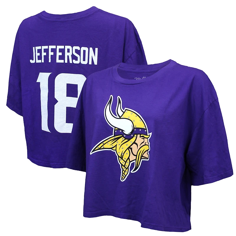 Women's Majestic Threads Justin Jefferson Purple Minnesota Vikings Swarovski Crystals Boxy Cropped Name & Number T-Shirt