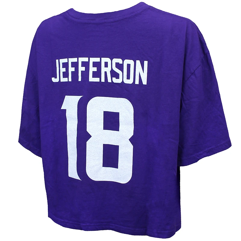 T-shirt court et ample pour femme Justin Jefferson de Majestic Threads, violet, avec cristaux Swarovski, nom numéro des Vikings du Minnesota