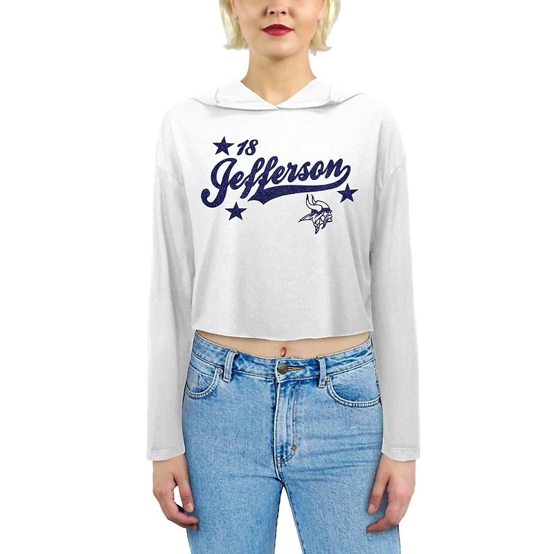 Sweat à capuche Majestic Threads pour femme, Justin Jefferson, blanc, Minnesota Vikings, logo pailleté.
