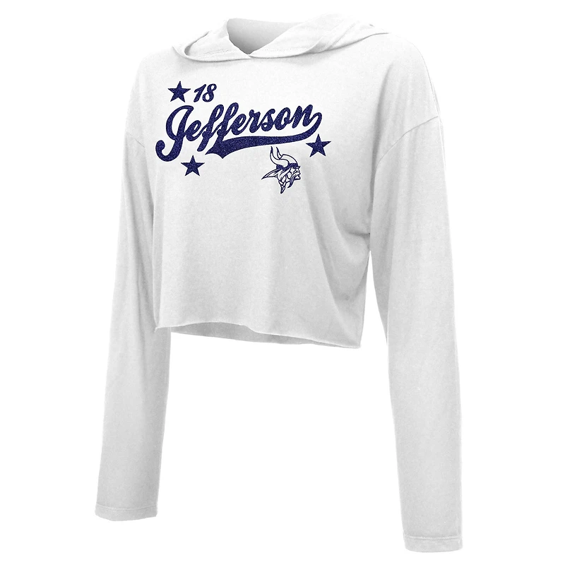 Sweat à capuche Majestic Threads pour femme, Justin Jefferson, blanc, Minnesota Vikings, logo pailleté.