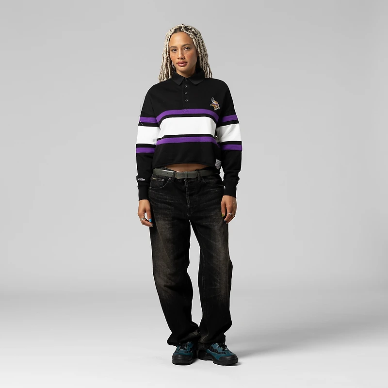 Polo de rugby court à manches longues Mitchell & Ness noir Minnesota Vikings pour femme